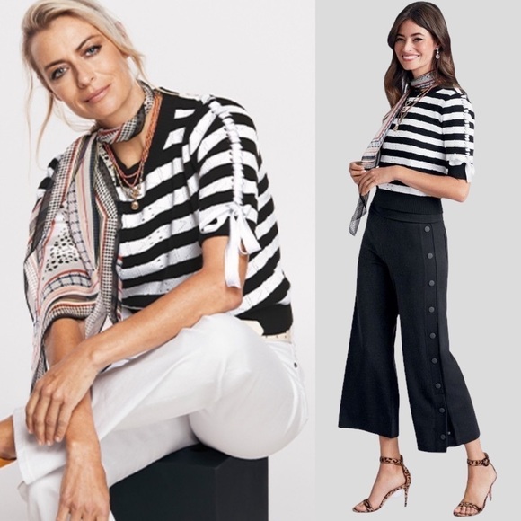 CABI 5832 RUNWAY PULLOVER STRIPED KNIT SHORT SLEEVE LACE UP BOW SWEATER - Picture 1 of 12